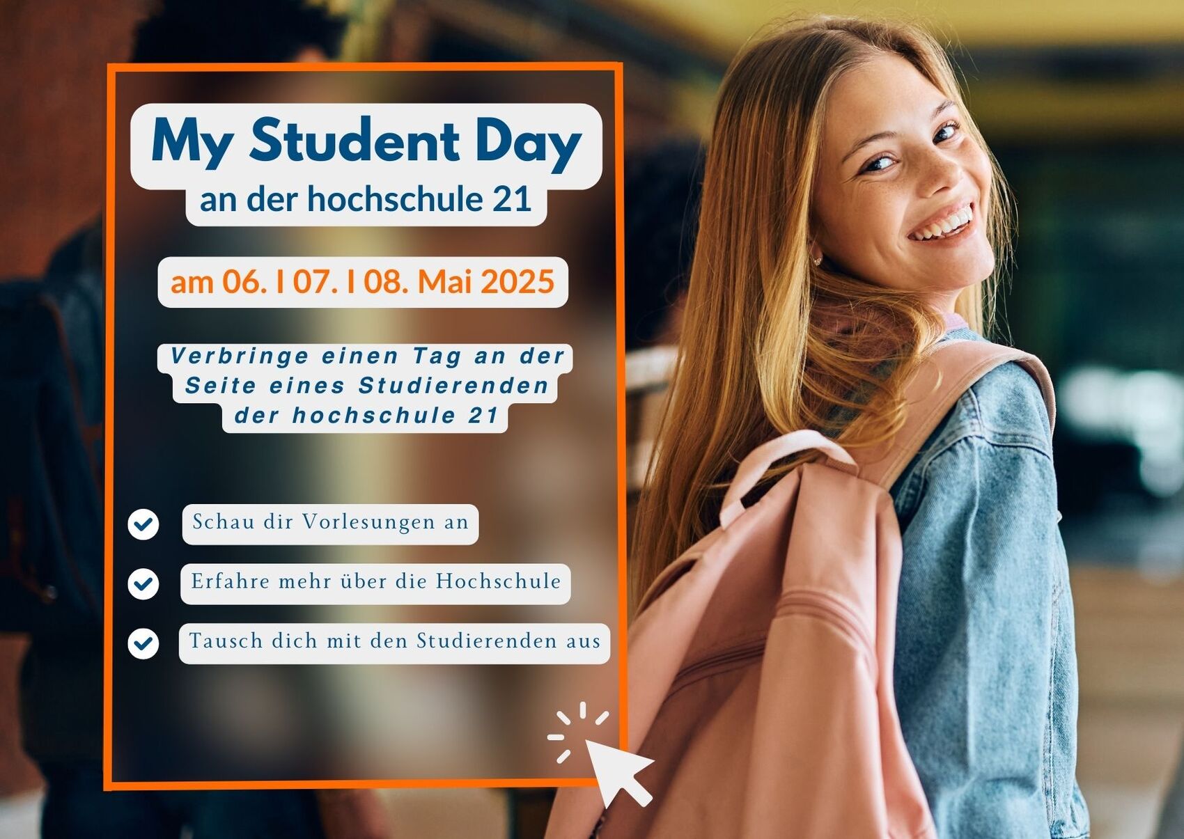 Hinweisgrafik zum My Student Day am 6., 7. und 8. Mai 2025: Klick führt zur Info-Seite mit Anmeldungsformular