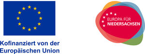 Kombi-Logo: EU-Emblem mit Text "Kofinanziert von der Europäischen Union" und dem Label "Europa für Niedersachsen"